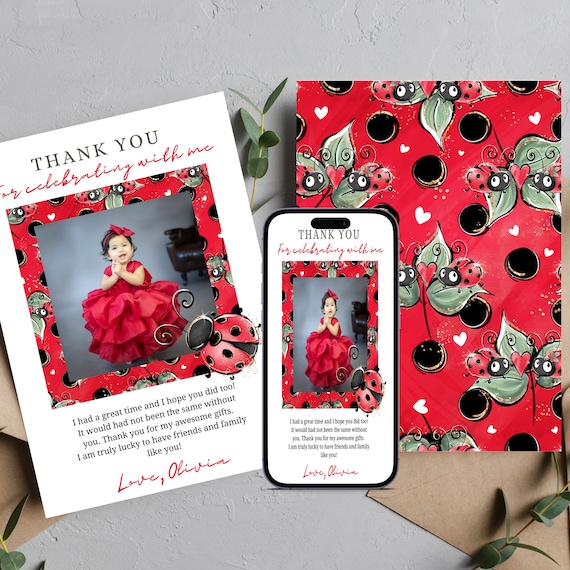 Personalized Ladybug Photo Birthday Thank You Card | Printable & Digital Little Bug Thank You Notes | Custom Ladybug Birthday Party Favor