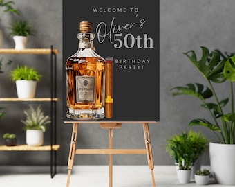 Adult Whiskey and Cigar Birthday Welcome Sign, Editable Any Age Men&#39;s Birthday Banner, Printable Bday Template, Print and Digital