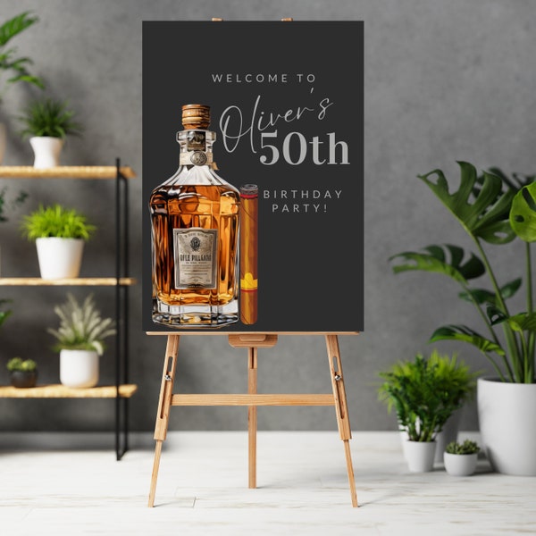 Adult Whiskey and Cigar Birthday Welcome Sign, Editable Any Age Men's Birthday Banner, Printable Bday Template, Print and Digital