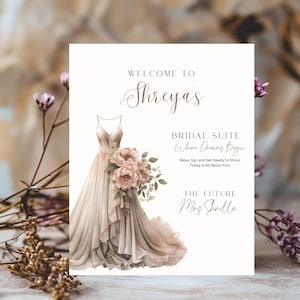 Bearbeitbares Brautsuiten-Willkommensschild | Braut Hochzeitstag Ankleidezimmer Dekor | Wo Träume Begenen | Eingangsschild mit Kleid & Blumen
