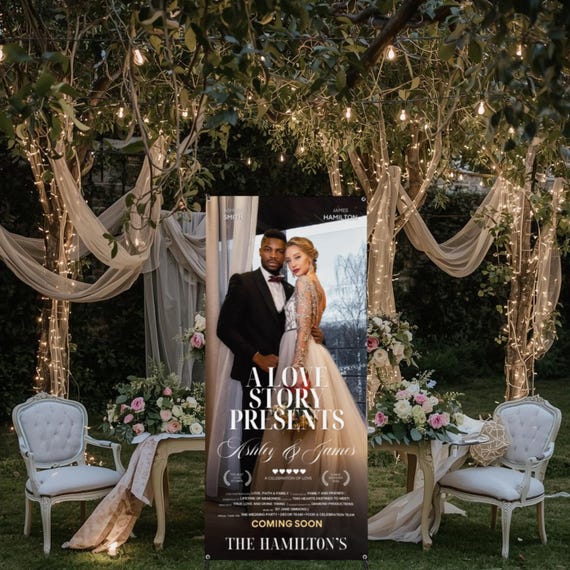 Movie Poster Photo Wedding Banner with Stand | Custom Vinyl Sign for Engagement, Bachelor & Bachelorette Party Decor