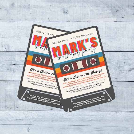 Retro 70s Cassette Invitation | Custom 70s Party Invite | Groovy Save the Date | Retro Birthday or Event Invitation, Instant Download