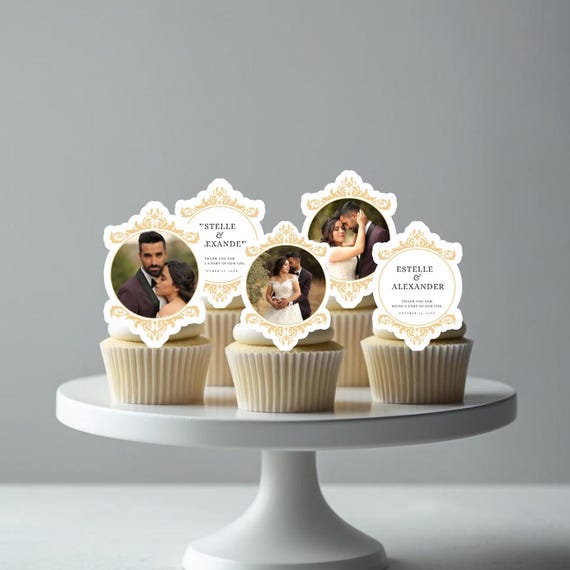 Edible Wedding Photo Cupcake Toppers with Names & Date – Custom Bride Groom Favor – Elegant Frame Personalized Cake Decoration