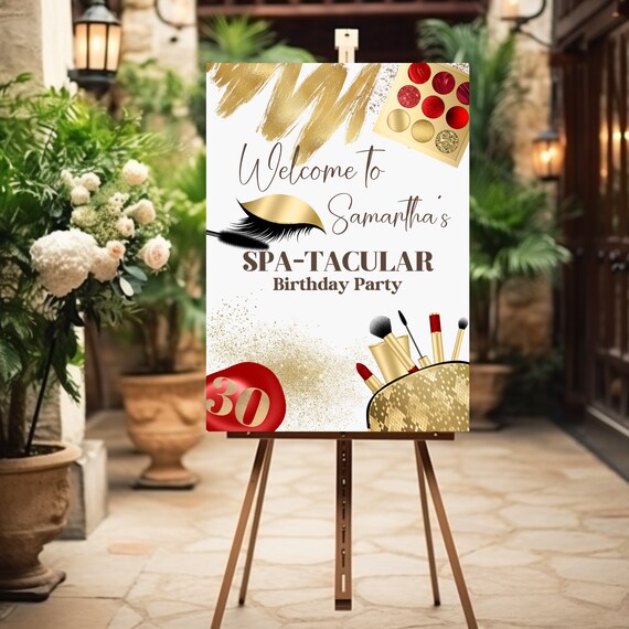 Customizable Glitz and Glam Spa Party Welcome Sign, Perfect for Spa Birthdays and Makeup Slumber Parties, Glamorous Girl Gold and Red Banner