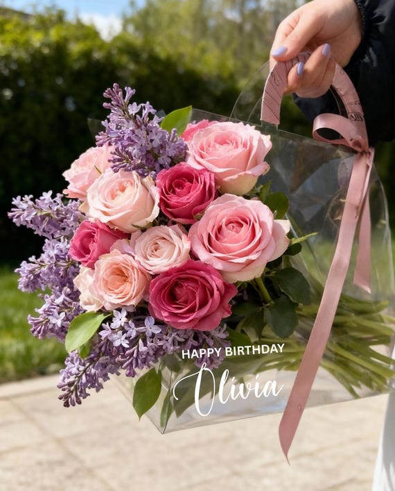Personalized Clear Flower Bag with Handle, Vinyl Name Flower Bouquet Bag | Custom Floral Gift Handbag | Bridal Shower, Birthday, Party Favor