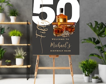 Custom Whiskey & Cigar Birthday Welcome Sign | Editable Men&#39;s Milestone Party Banner | Any Age Printable Adult Birthday Decor