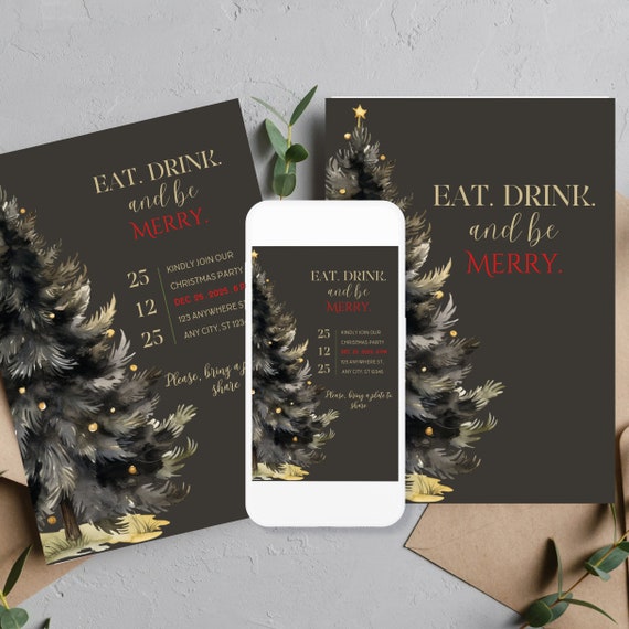 Black and Gold Christmas Party Invitation, Eat Drink and Be Merry Invitations Template, Winter Holiday Theme Printable Invite