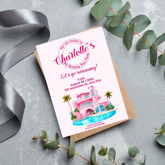 Pool Party Birthday Invitation, Malibu Custom Invitations, Summer Beach Party, Pink Pool Party, Pink Printable Invites, Print, Digital, #BRB