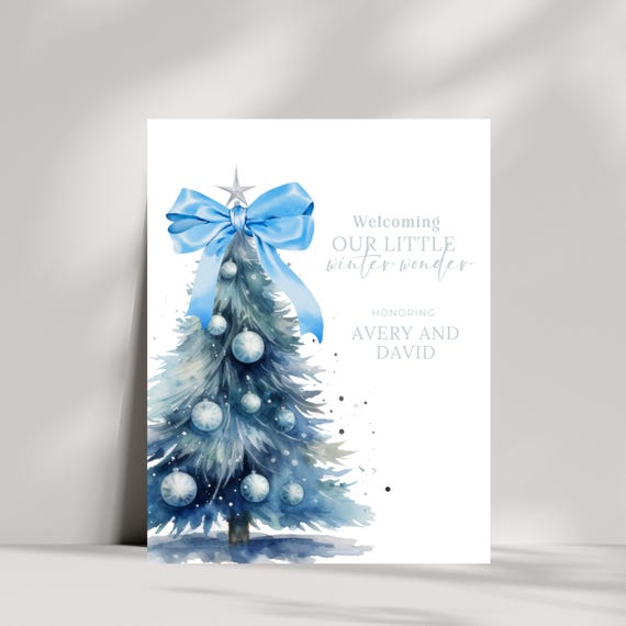 Personalized Winter Baby Shower Sign | Editable Blue Christmas Tree with Bow | Festive Baby Shower Decor | Boy Baby Shower Welcome Sign