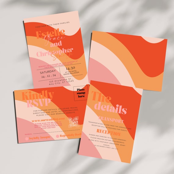 Groovy 70's Wedding Invitation Suite - Editable Template Funky Vibes, Retro Chic Details Card, RSVP Note, Retro Bridal Party Printable