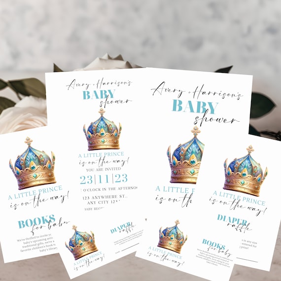 Editable Blue Boy Baby Shower Invitation Bundle Template - Little Prince on the Way Party Books for Baby - Fairytale Theme - DIY Printable
