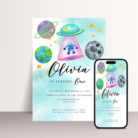 Space Alien Birthday Invitation Template, Turquoise Galaxy Birthday Party Invite, Houston We Have a One Year Old, Instant Download, #SBT