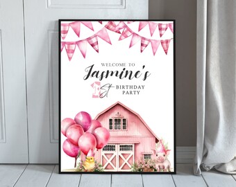 May include: Welcome to Jasmine's 1st Birthday Party sign with pink and white gingham bunting, pink balloons, a pink barn, a yellow chick, and a pig wearing a party hat.