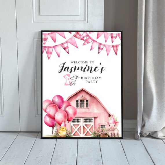 Customizable Pink Farm Birthday Welcome Sign - Barnyard Party Poster Template, Farm Animals Theme for Any Age Birthday Party