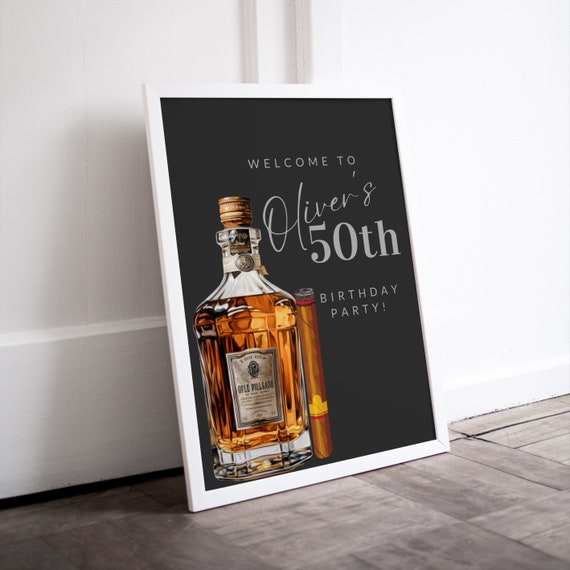 Adult Whiskey and Cigar Birthday Welcome Sign, Editable Any Age Men's Birthday Banner, Printable Bday Template, Instant Download