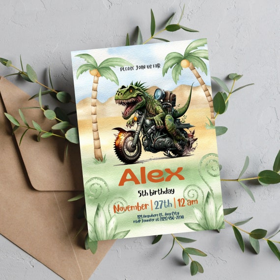 Dinosaur On Motorcycle Birthday Invitation, Birthday Party Invitations, Boys Printable T Rex Invite, Editable Dinosaur Birthday Template