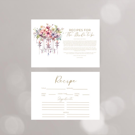 Bridal Shower Chandelier Recipe Card Template, Editable Wedding Cards, Share a Recipe with the Bride to Be, Printable Recipe