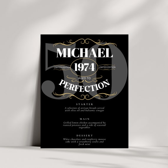 Editable Menu Sign Age to Perfection Birthday Party ANY AGE, Gold Whiskey Label Party Decor, Gentleman Milestone, Instant Download