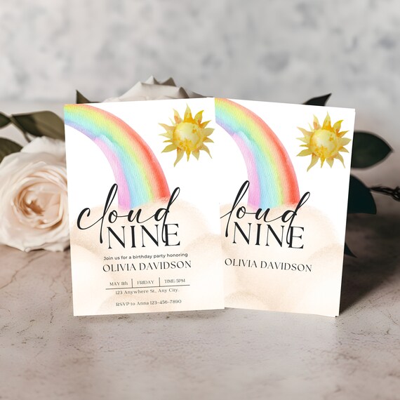 Rainbow Clouds Birthday Invitation Template | Customizable for Any Age | Watercolor Party Invites | Printable and Digital Download