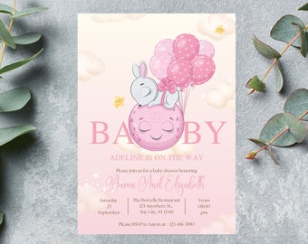 Editable Pink Bunny Girl Shower Invitation Template - A Little Bunny is On The Way! Editable Baby Shower Invitations, Baby Announcement