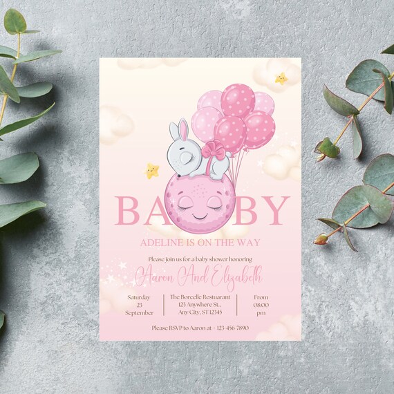 Editable Pink Bunny Girl Shower Invitation Template - A Little Bunny is On The Way! Editable Baby Shower Invitations, Baby Announcement