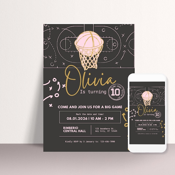Pink Basketball Birthday Invitation Template, for Girls/Pink Basketball Invitations for Kids, Teens/Pink Sports Event Invite, Print, Digital