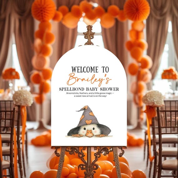 Witchy Goose Baby Shower Welcome Sign – Personalized Party Arch Decor, Magical Goose Theme, Custom Name Sign, Baby Shower Decorations
