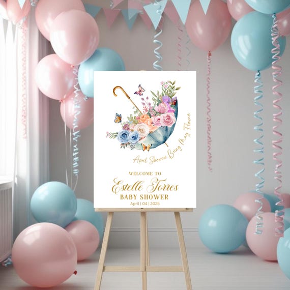 April Showers Baby Shower Welcome Sign - Floral Umbrella Spring Baby Shower Decor, Rain Shower Theme Party Sign, Custom Baby Shower Sign