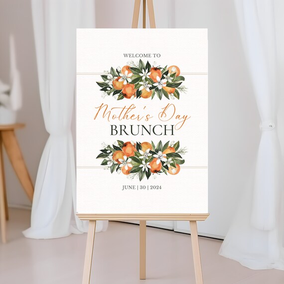 Editable Orange Citrus Mother's Day Brunch Welcome Sign - Vibrant Spring Birthday Banner - Custom Floral Decor for Summer & Spring Parties