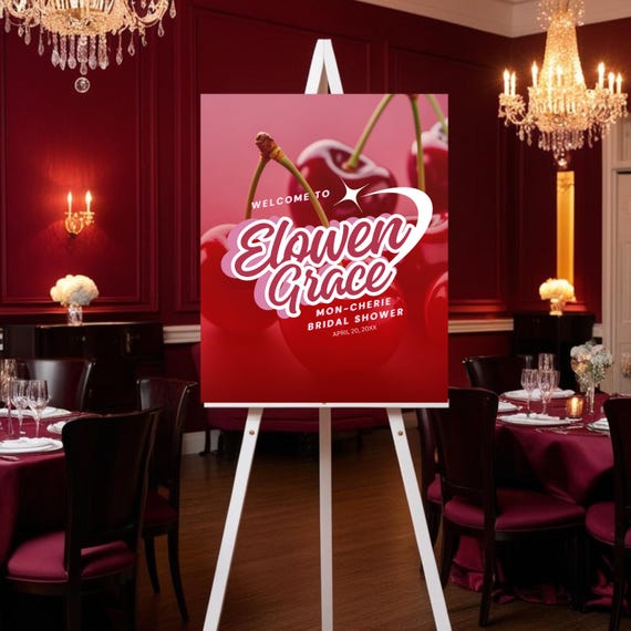 Mon Chérie Bridal Shower Welcome Sign | Cherry Theme Bachelorette Party Sign | Editable Canva Template | Instant Download Bridal Sign