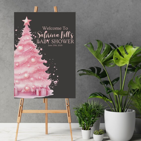 Pink and Black Christmas Tree Baby Shower Welcome Sign, Editable Girl Banner, Custom Baby Shower Signs, Pink Christmas Tree Printable