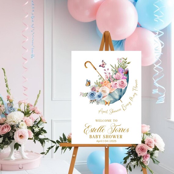April Showers Baby Shower Welcome Sign | Floral Butterfly Baby Shower Sign | Spring Baby Shower Decor | Printable Baby Shower Sign