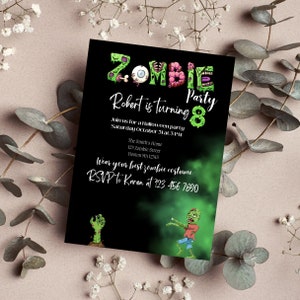 Zombie verjaardagsuitnodiging, bewerkbare enge uitnodigingen voor kinderen, afdrukbare Halloween-feest, sjabloon Zombie Apocalypse, print en digitaal