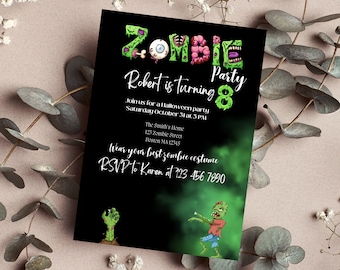 Invitación de cumpleaños de zombies, invitaciones infantiles de miedo editables, imprimibles para fiestas de Halloween, plantilla de apocalipsis zombie, para imprimir y digital.