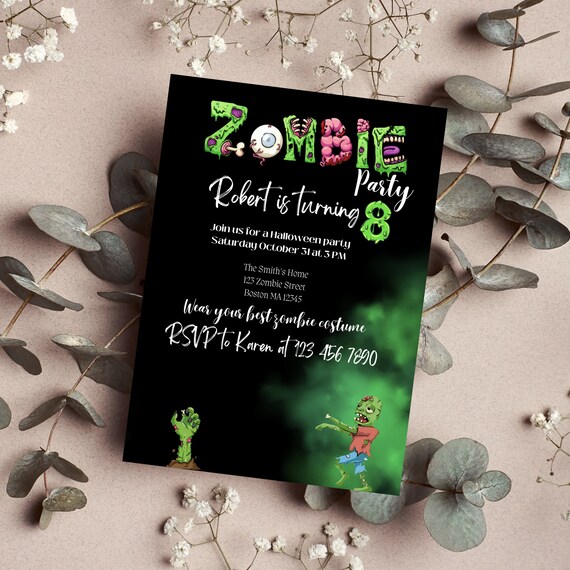Zombie Birthday Invitation, Editable Kids Scary Invites, Halloween Party Printable, Zombie Apocalypse Template, Print and Digital