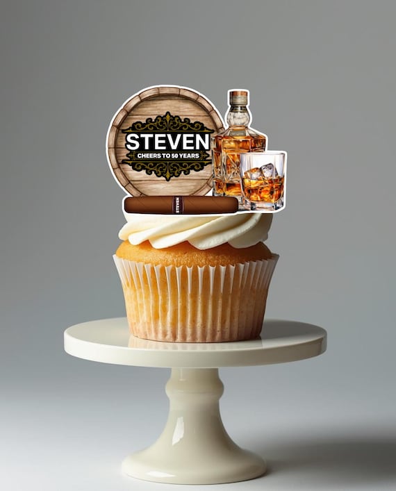 Personalized Edible Whiskey Cupcake Toppers, Custom Name and Age Bourbon Cigar Birthday Decorations for Men