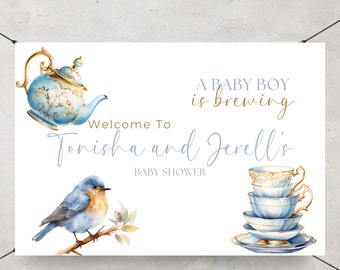 Customizable Baby Shower Tea Welcome Sign Template, Blue and Gold