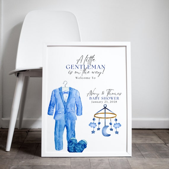 A Little Gentleman Baby Shower Welcome Sign Template, Boy Baby Shower Printable, Editable Blue Baby Shower Banner, Print and Digital
