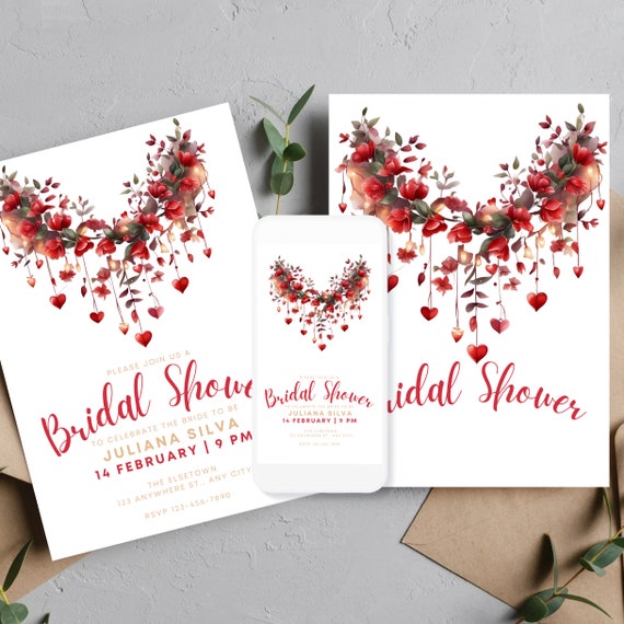 Valentine Bridal Shower Invitation Template, Red and Gold Floral Hearts Bridal Shower Invite, Editable Bride to be Shower, Digital and Print