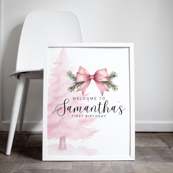 Pink Christmas Tree Welcome Sign, Editable Birthday Welcome Banner, Holiday Theme Party Signs, Pink Girl Decor Template, Instant Download