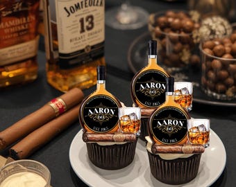 Custom Whiskey and Cigar Edible Cake Topper – Personalized Birthday Age & Year – Whiskey Party Decorations for Him
