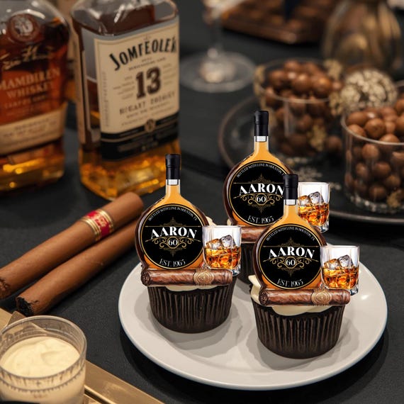 Custom Whiskey and Cigar Edible Cake Topper – Personalized Birthday Age & Year – Whiskey Party Decorations for Him