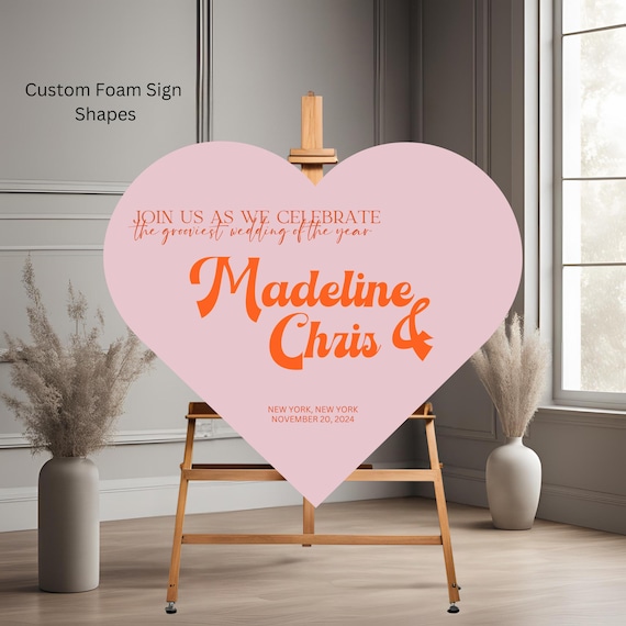 Retro Heart Wedding Welcome Sign | 70s Groovy Foam Board Wedding Decor, Customizable Vintage Heart-Shaped Sign, Retro Love Wedding Entrance