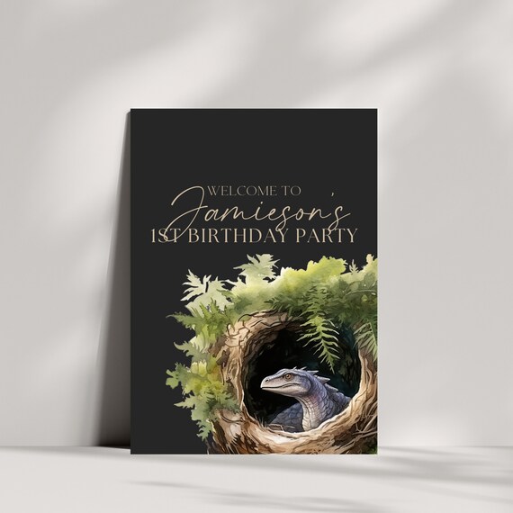Customizable Dinosaur Birthday Welcome Sign Template - Personalized & Editable Banner | Black Dino Theme Party Decor, Printable Sign