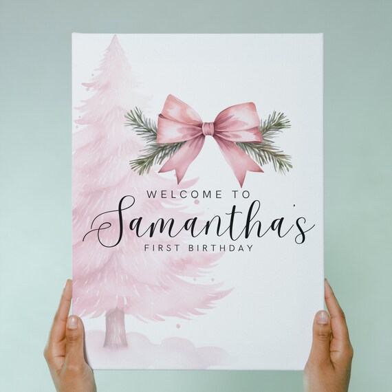 Pink Christmas Tree Welcome Sign, Editable Birthday Welcome Banner, Holiday Theme Party Signs, Pink Girl Decor Template, Instant Download