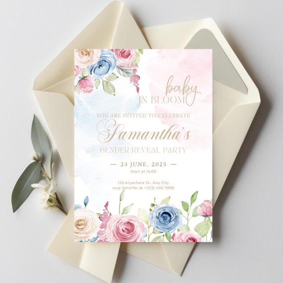 Pastel Floral Gender Reveal Invitation | Editable Baby Shower Invite | Spring Baby Reveal | Pink and Blue Flowers Party | Instant Download