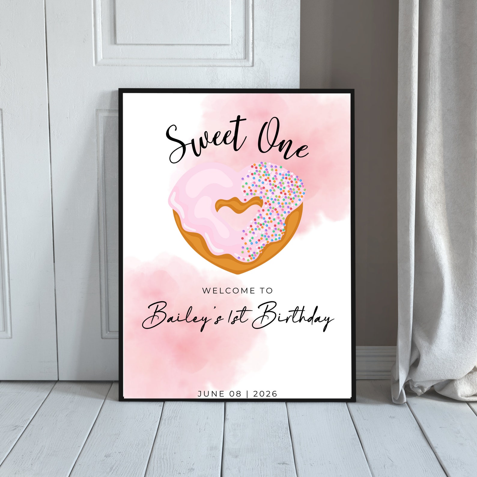 Sweet One Birthday Donut Welcome Sign, Pink Girls 1st Birthday Party ...