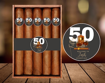 Adult Whiskey and Cigar Birthday Cigar Label, Editable Any Age Men&#39;s Birthday Cigar Labels, Printable Bday Template, Instant Download #AWC