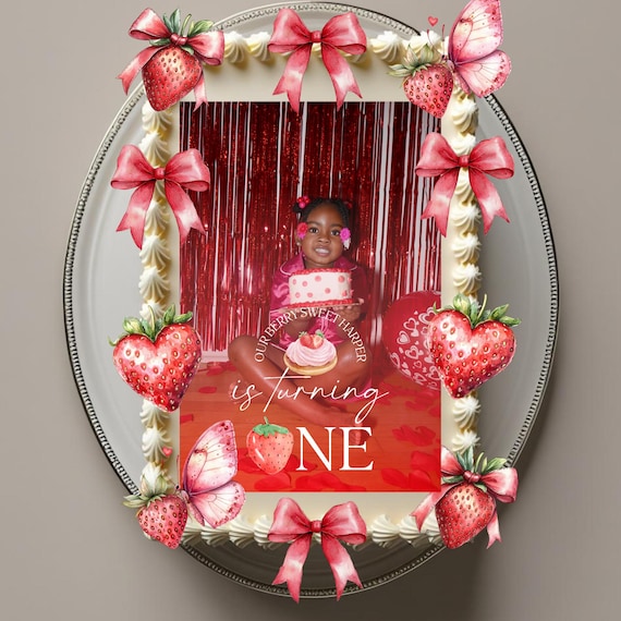 Strawberry Photo Cake Topper Set, Custom Berry Birthday Topper, Personalized Picture Cake Decoration, Sweet One Berry First Birthday Decor