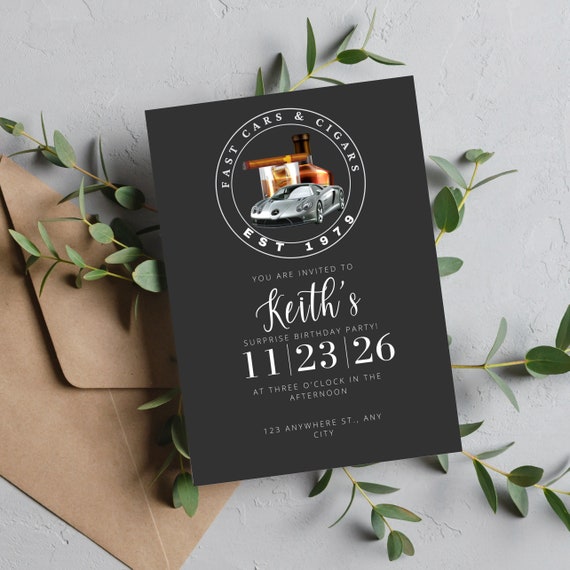 Fast Cars Whiskey and Cigars Birthday Invitation Template, Cigar Party Invites, Printable Fast Cars Birthday Party, Cars and Cigars Decor